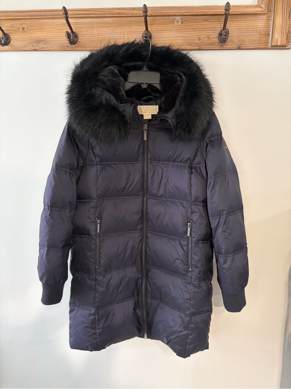 Michael Kors black Quilted Hooded Puffer with Black Faux Fur Trim